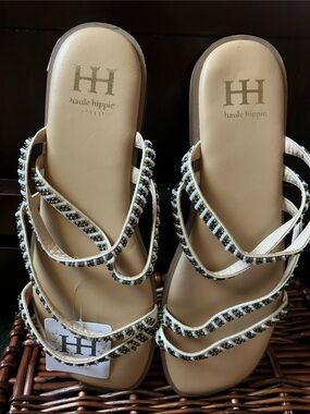 Haute Hippie Ivory Beaded Strappy Sandals